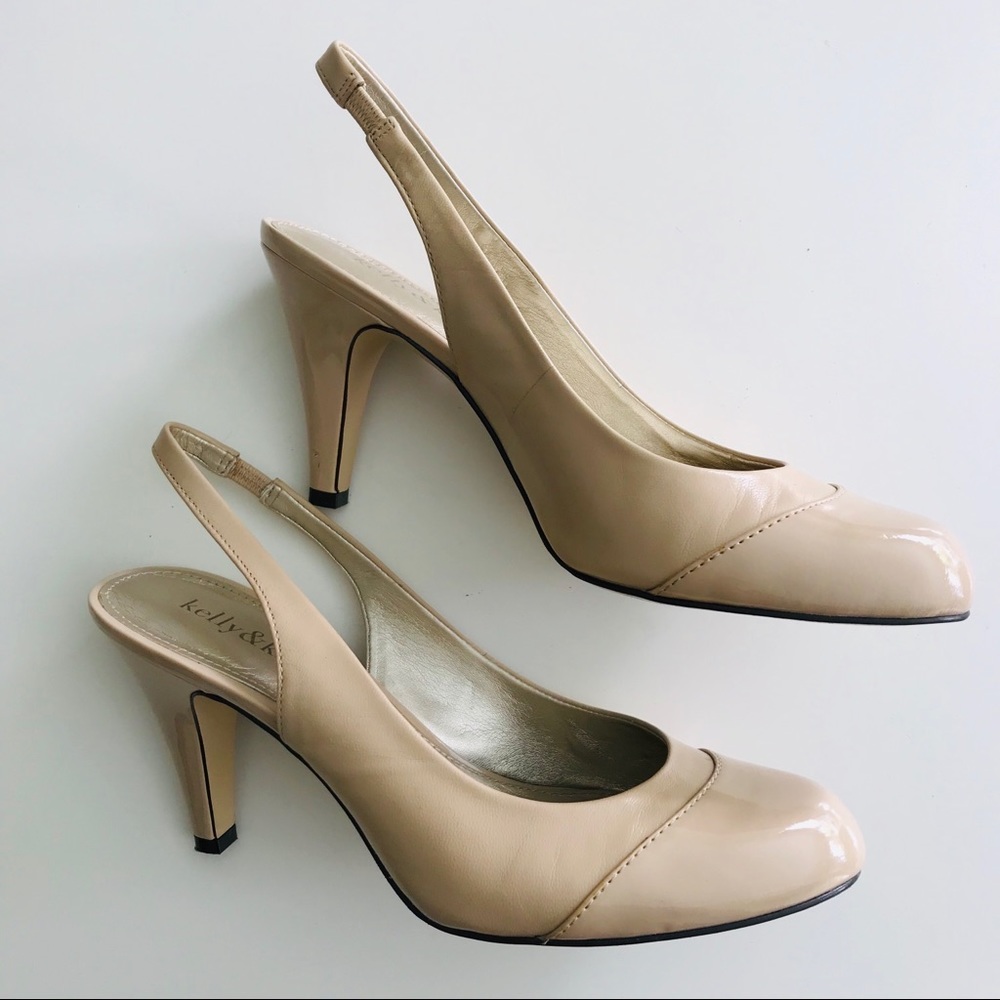 Kelly & Katie nude patent slides kitten heel